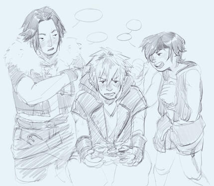 Kingdom Hearts 3 fanart. Riku playing a video game (Digital Sora) and Squall and Yuffie talking behind him.